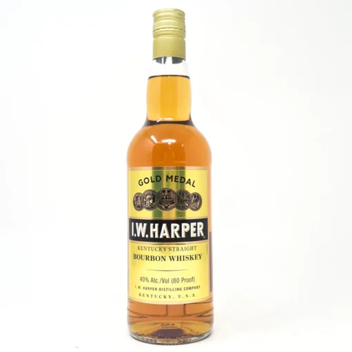 Bottle of I.W. Harper's Gold Medal Kentucky Straight Bourbon, distilled in Louisville and released at four years of age.
